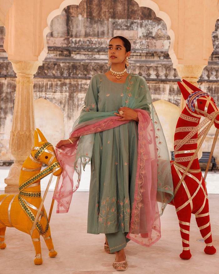Sage Green Cotton Anarkali With Pink Floral Trim