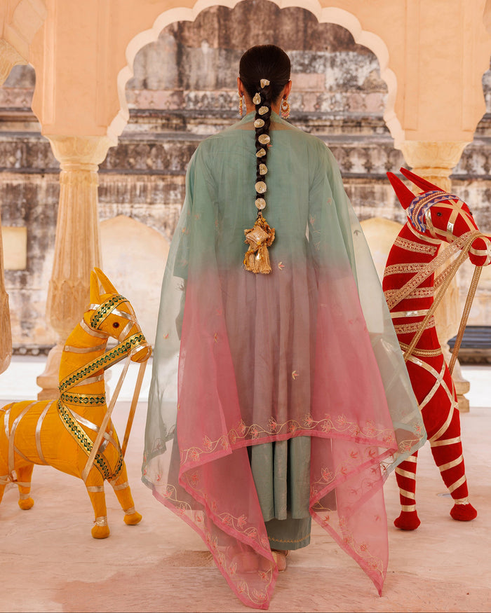Sage Green Cotton Anarkali With Pink Floral Trim