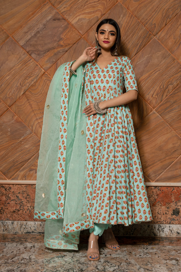 Sage Green Floral Printed Cotton Anarkali Set With Gota Dupatta