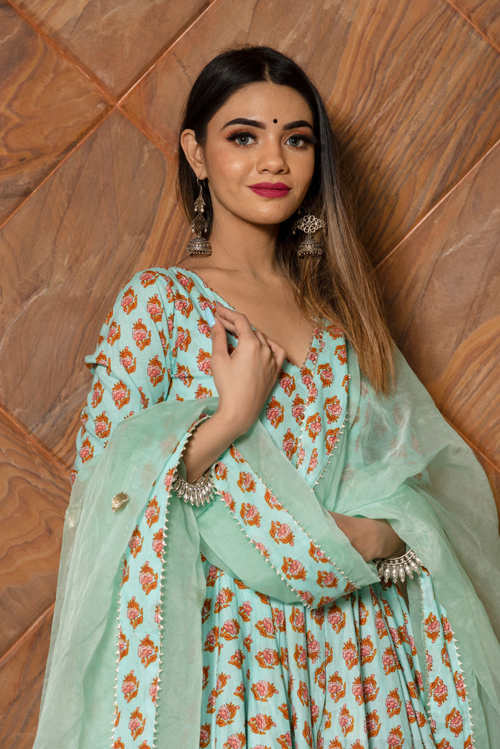 Sage Green Floral Printed Cotton Anarkali Set With Gota Dupatta