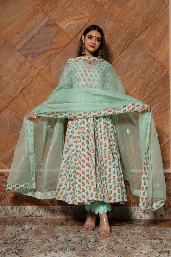 Sage Green Floral Printed Cotton Anarkali Set With Gota Dupatta
