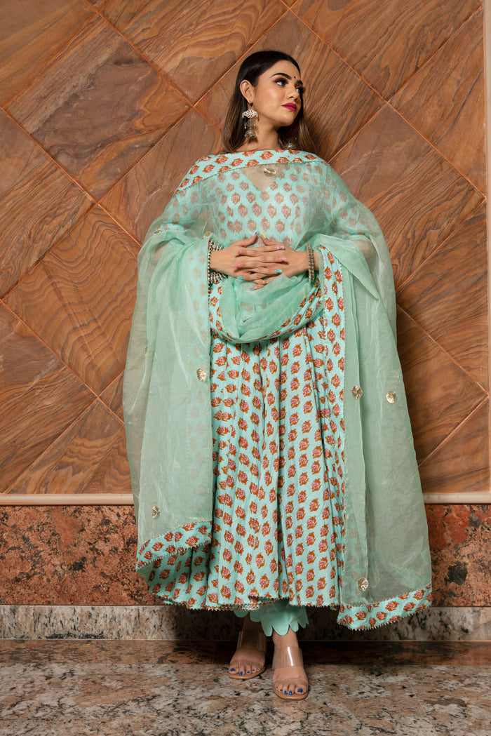 Sage Green Floral Printed Cotton Anarkali Set With Gota Dupatta