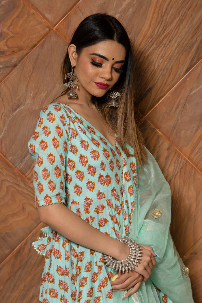 Sage Green Floral Printed Cotton Anarkali Set With Gota Dupatta