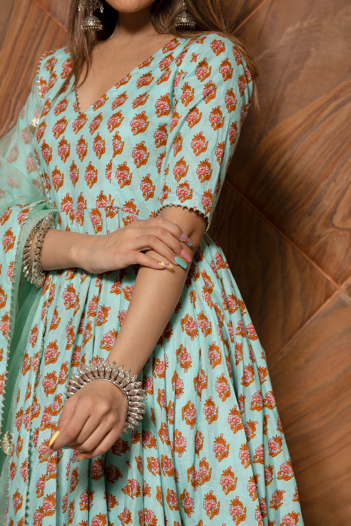 Sage Green Floral Printed Cotton Anarkali Set With Gota Dupatta