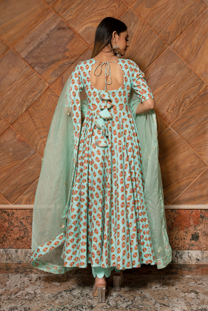 Sage Green Floral Printed Cotton Anarkali Set With Gota Dupatta