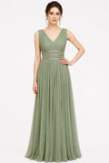 Sage Green Net Gown With Metallic Striped Waistband