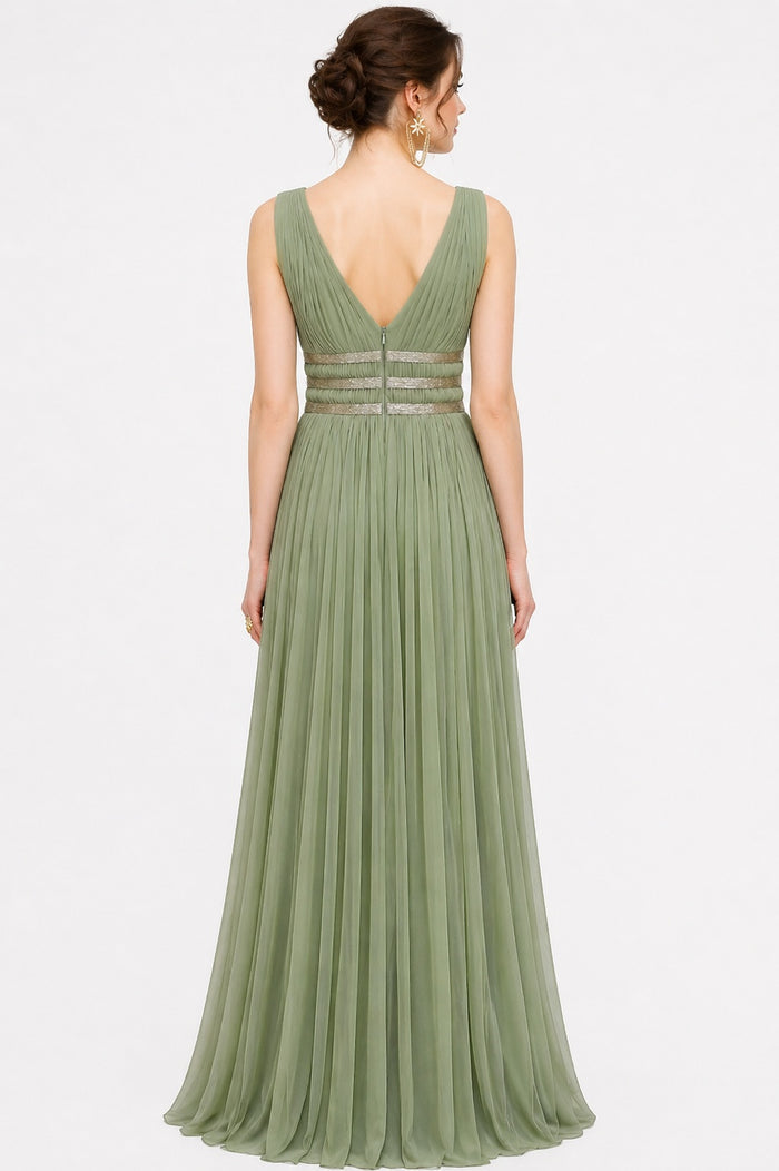 Sage Green Net Gown With Metallic Striped Waistband