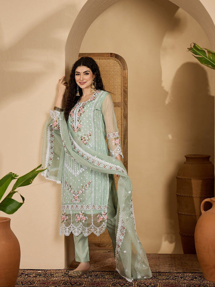 Sage Green Organza Kurti With Floral Embroidery