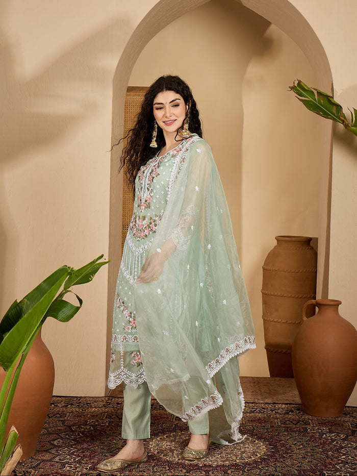 Sage Green Organza Kurti With Floral Embroidery