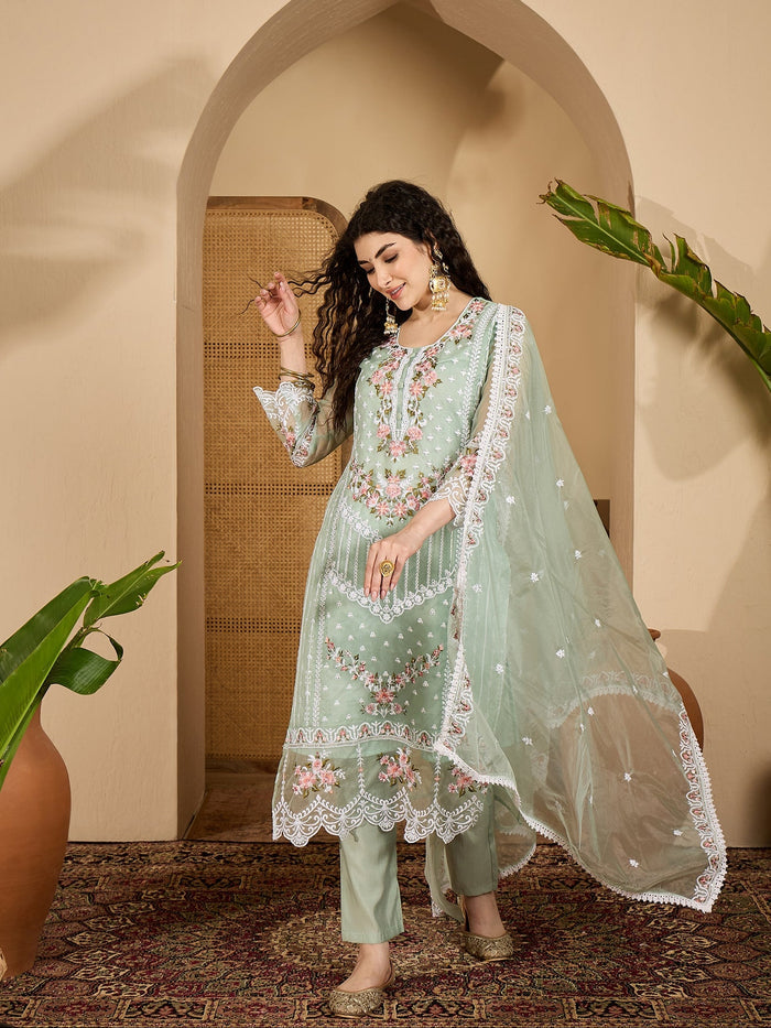 Sage Green Organza Kurti With Floral Embroidery