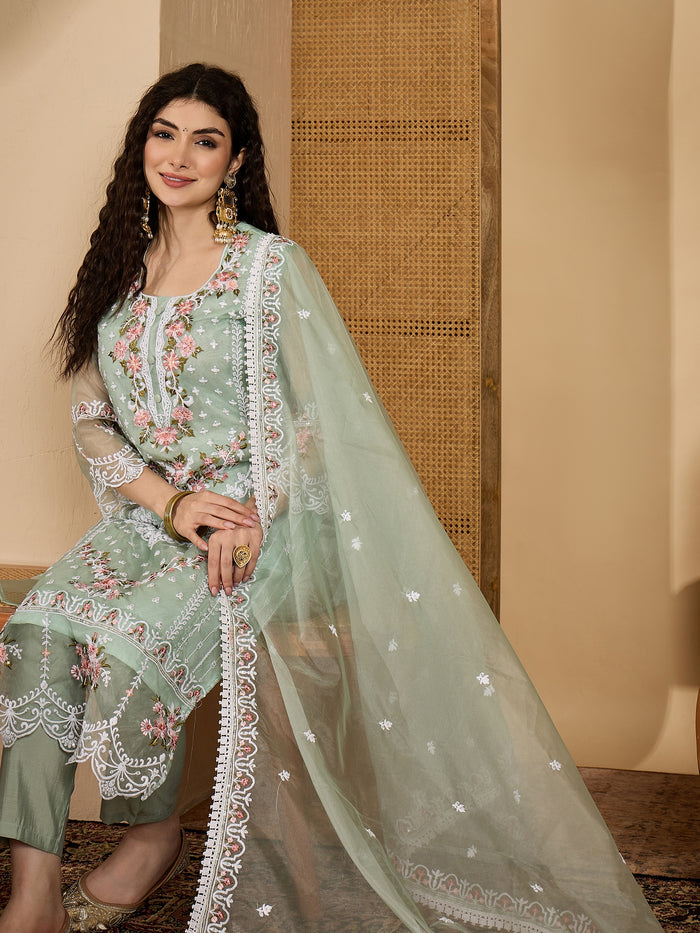 Sage Green Organza Kurti With Floral Embroidery