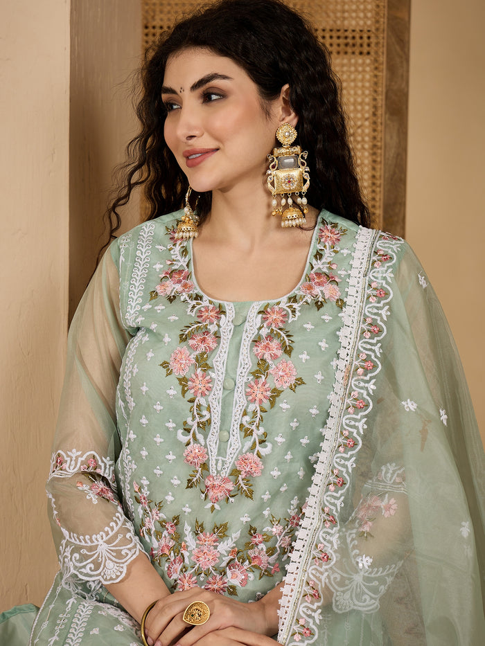 Sage Green Organza Kurti With Floral Embroidery