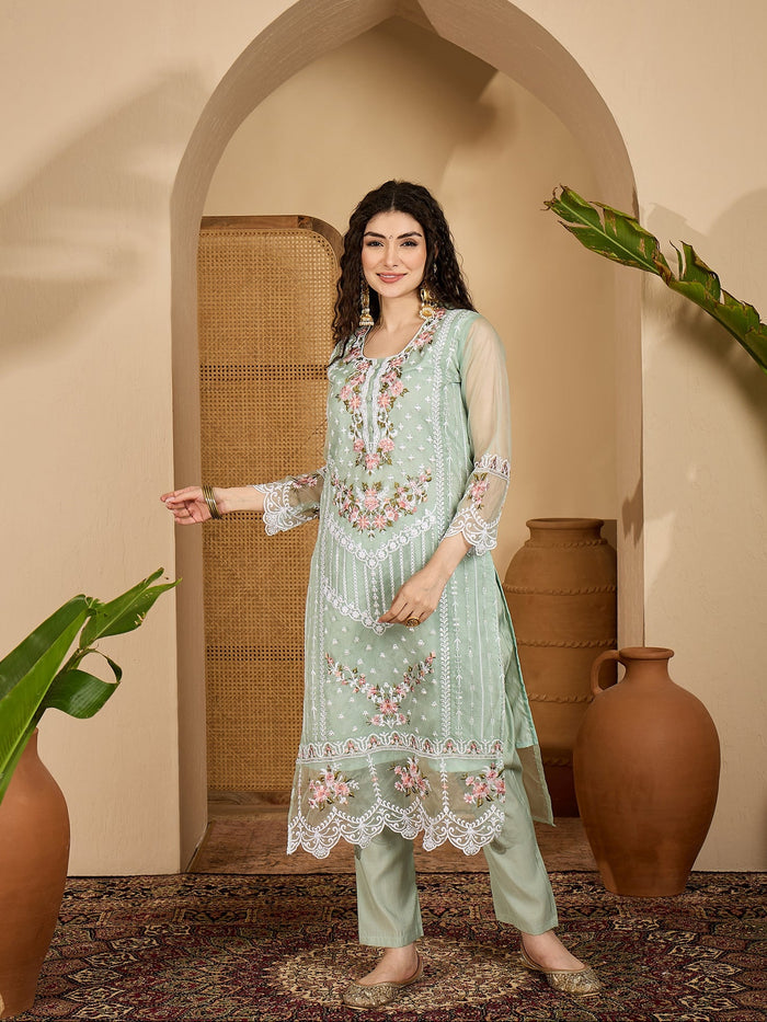 Sage Green Organza Kurti With Floral Embroidery