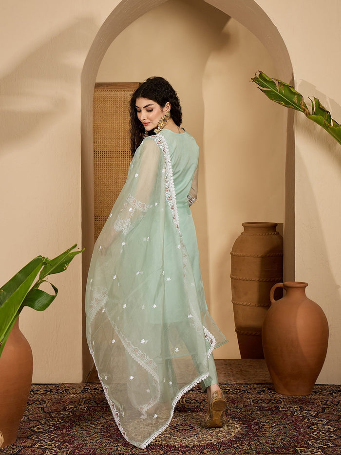 Sage Green Organza Kurti With Floral Embroidery