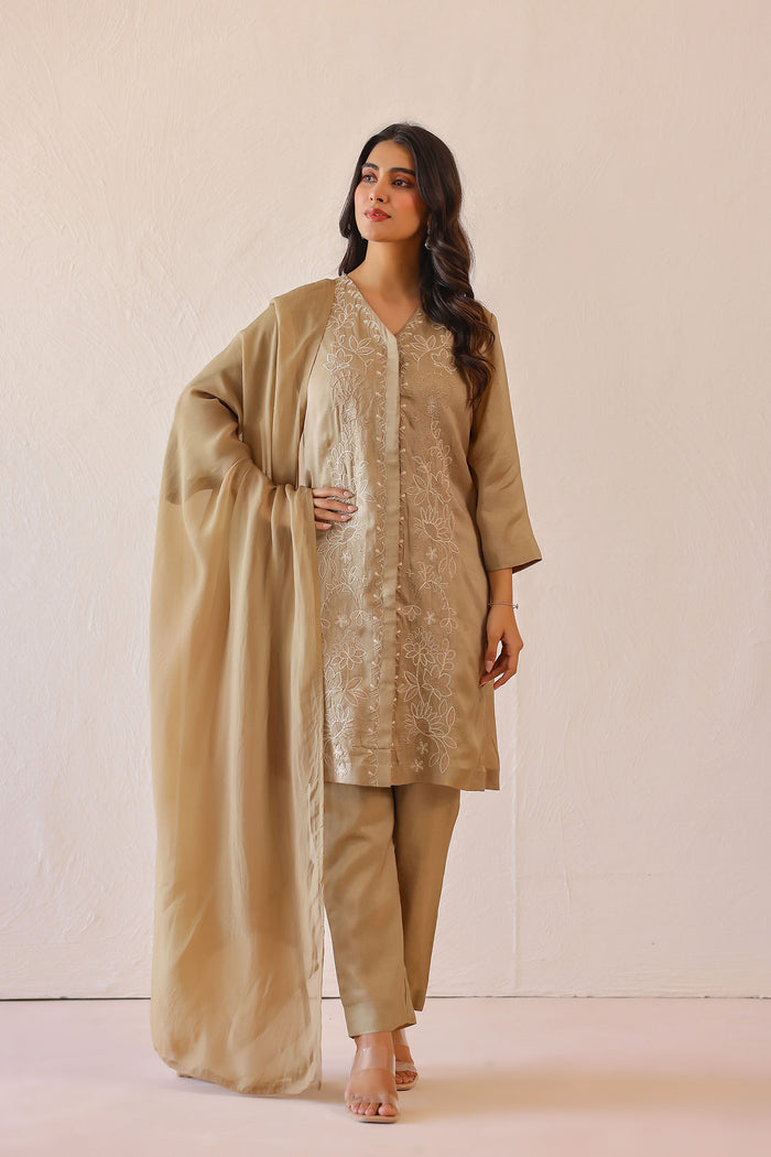 <img> Sage Green Russian Silk Embroidered Kurti Set
