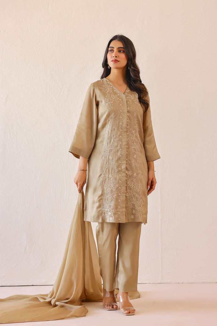 <img> Sage Green Russian Silk Embroidered Kurti Set