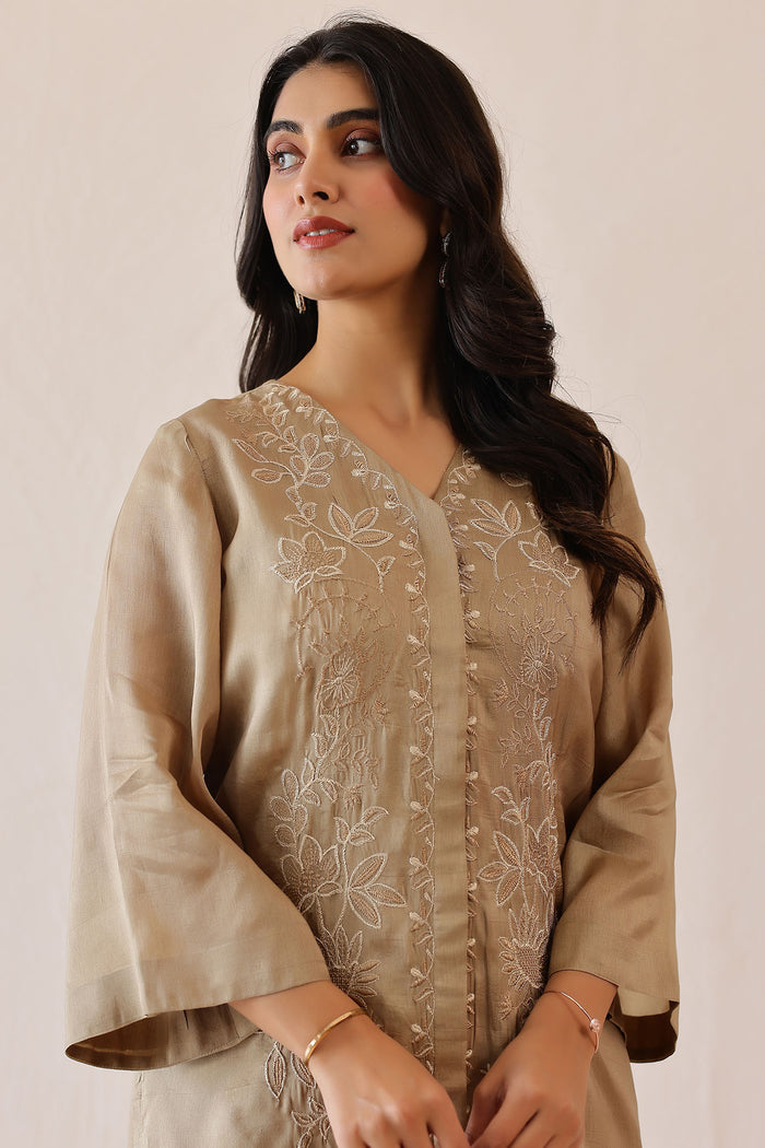 <img> Sage Green Russian Silk Embroidered Kurti Set