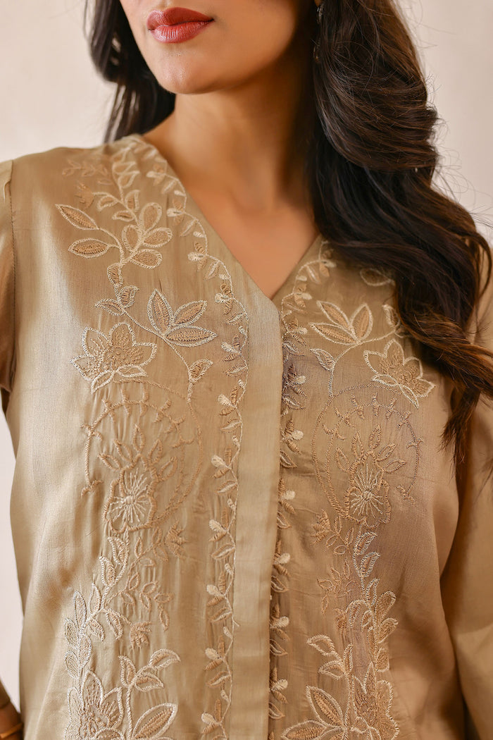 <img> Sage Green Russian Silk Embroidered Kurti Set