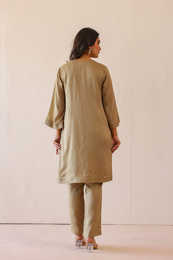 <img> Sage Green Russian Silk Embroidered Kurti Set