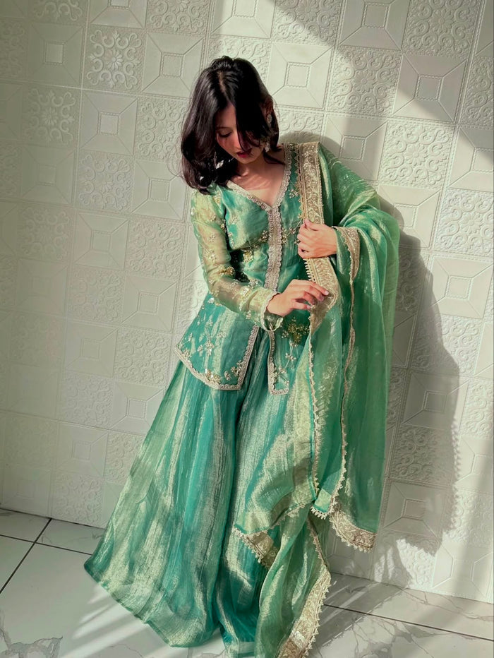 Sage Green Silk Kurti With Sequin Detailing