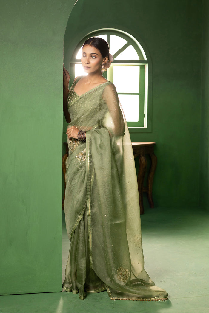 Sage Green Silk Organza Saree With Embroidery Design