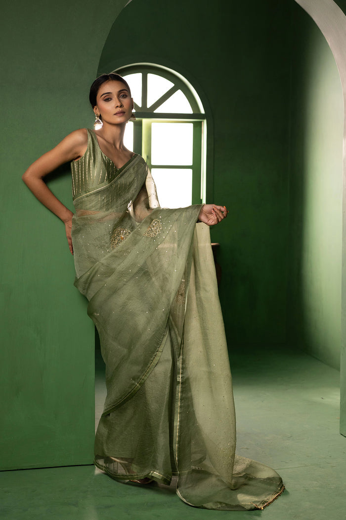 Sage Green Silk Organza Saree With Embroidery Design