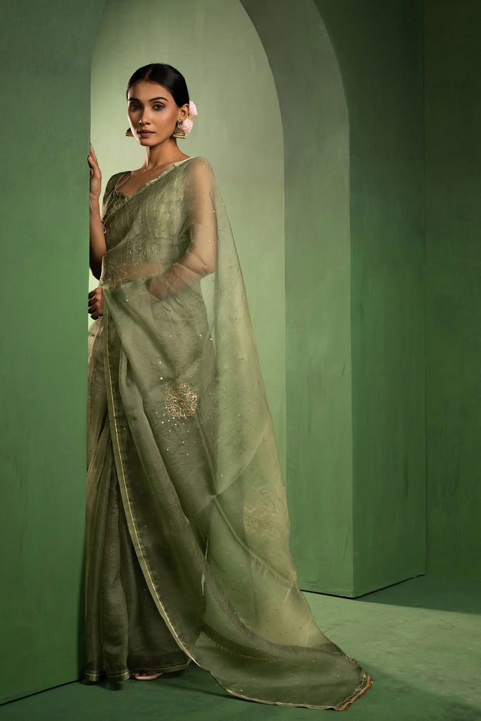 Sage Green Silk Organza Saree With Embroidery Design