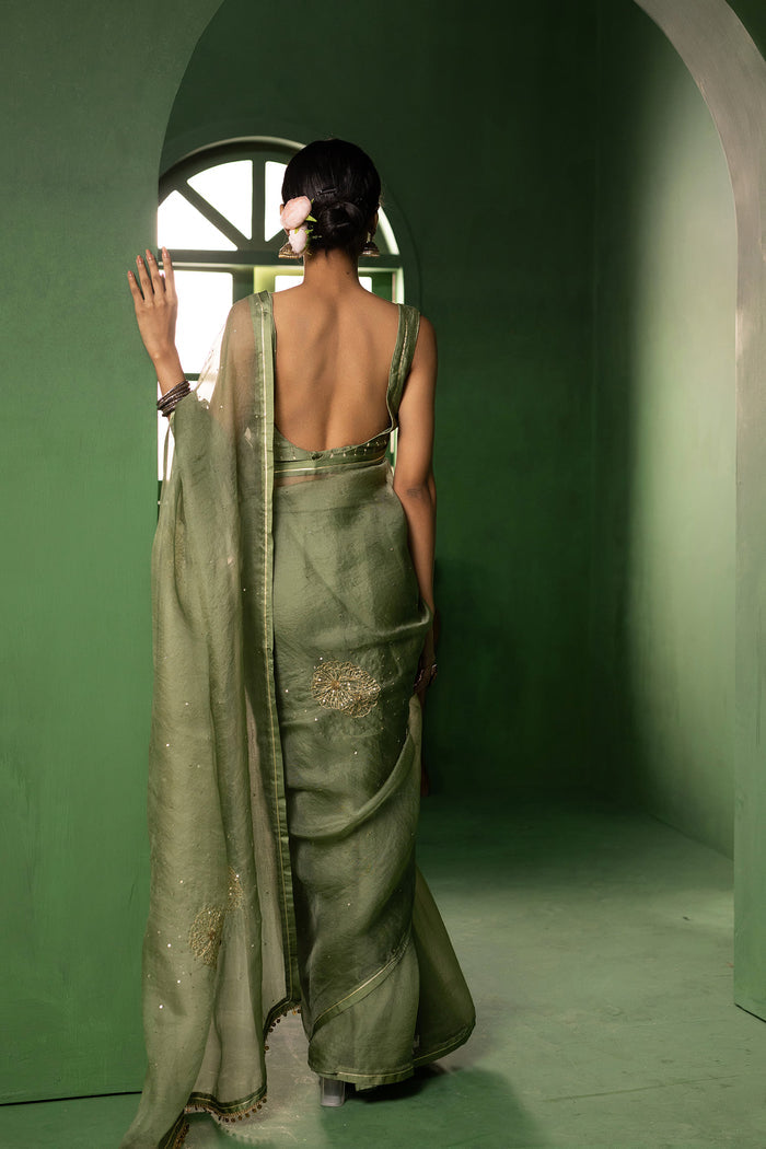 Sage Green Silk Organza Saree With Embroidery Design