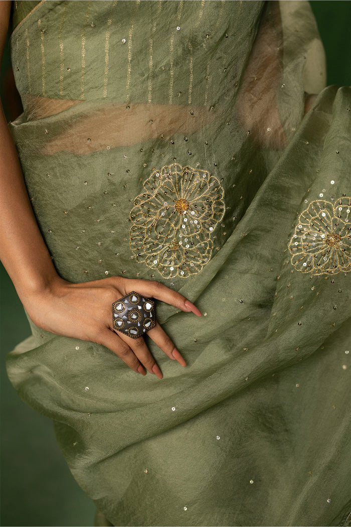 Sage Green Silk Organza Saree With Embroidery Design