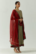 Sage Maroon Border Anarkali Set