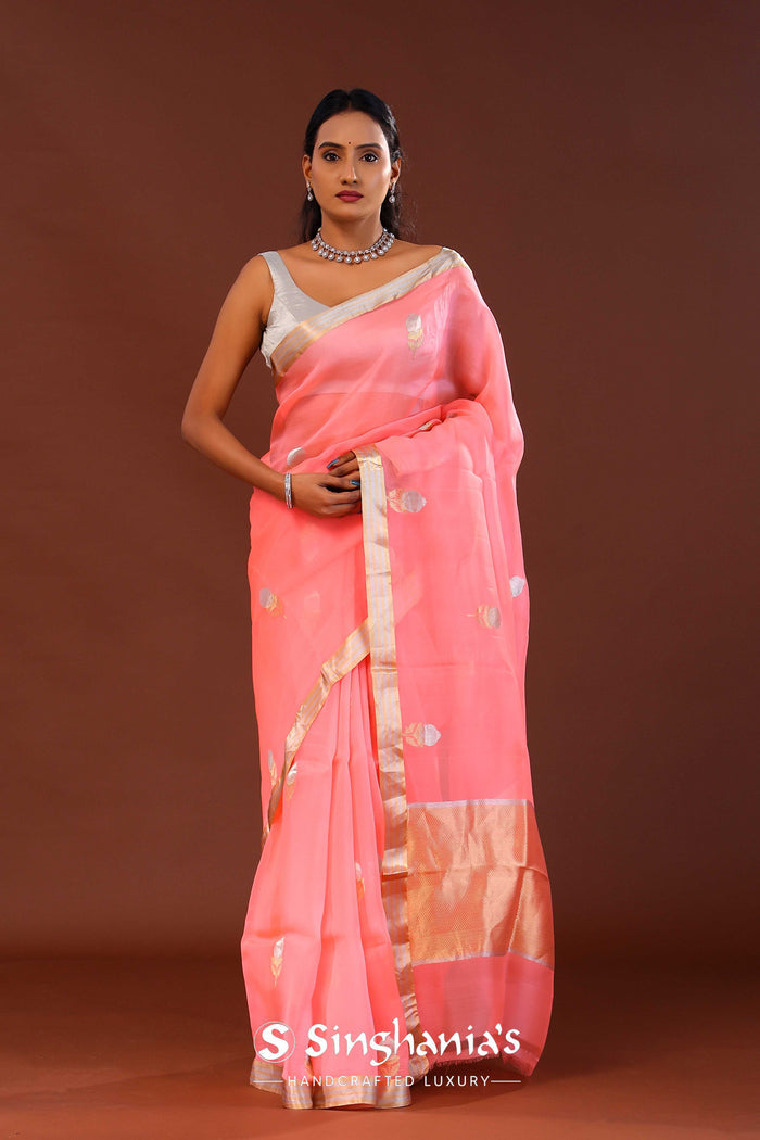 Salmon Pink Organza Banarasi Saree