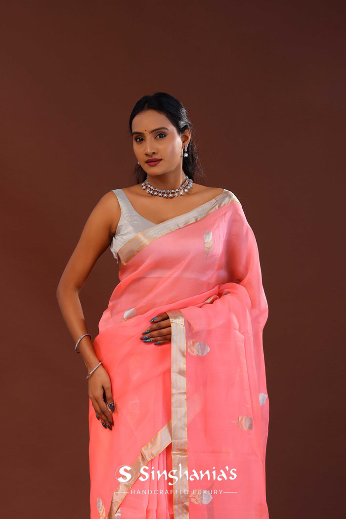 Salmon Pink Organza Banarasi Saree