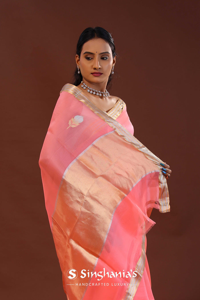 Salmon Pink Organza Banarasi Saree