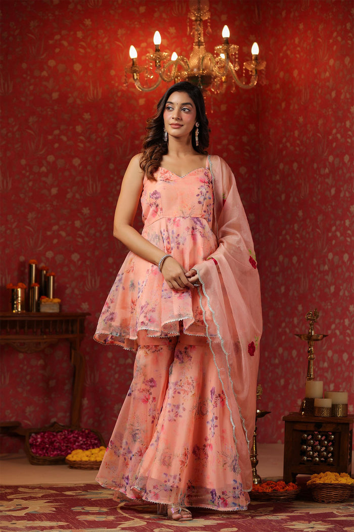 Salmon Pink Organza Floral Sharara Set