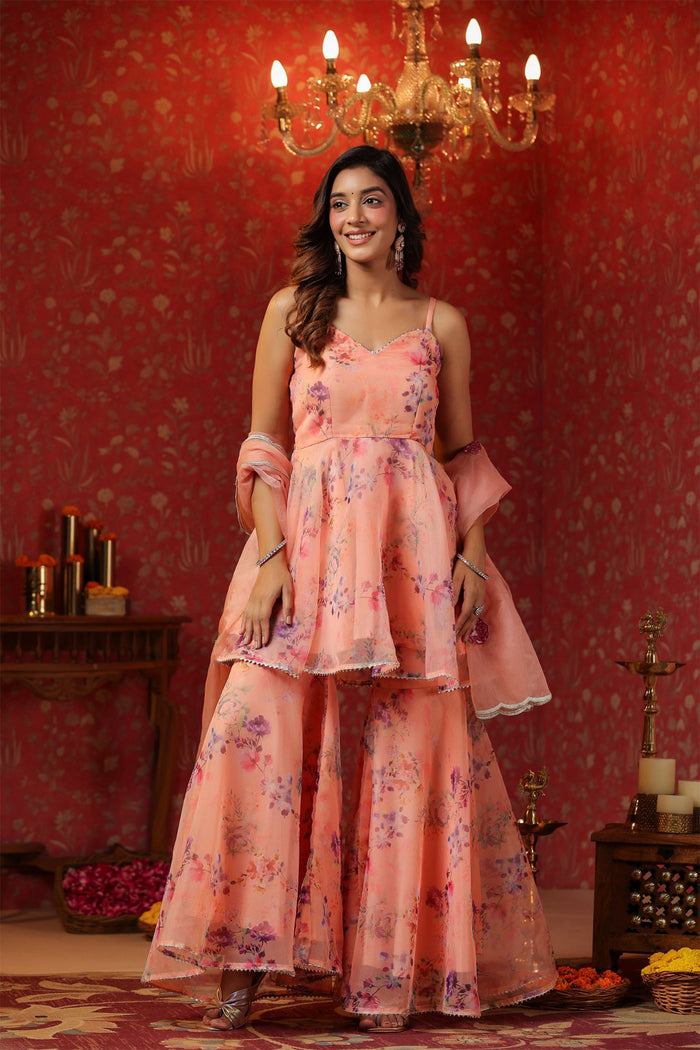 Salmon Pink Organza Floral Sharara Set