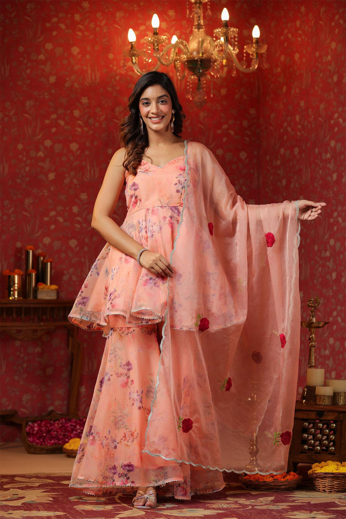 Salmon Pink Organza Floral Sharara Set