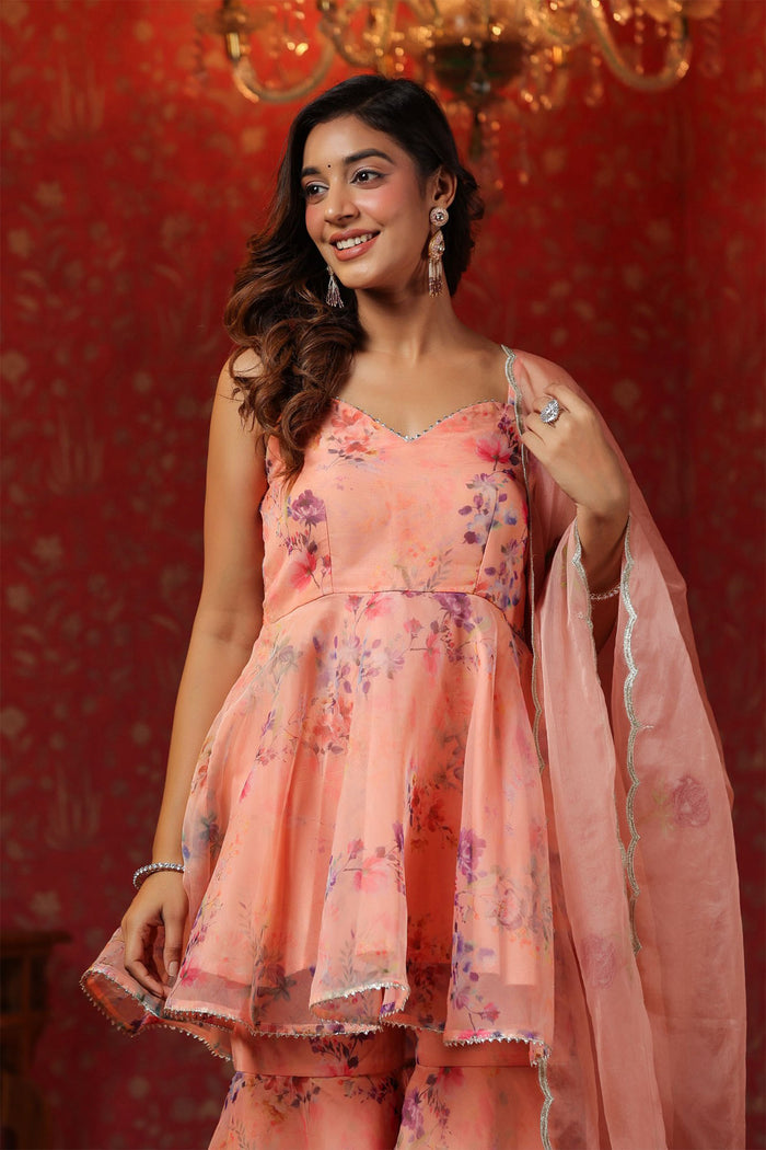 Salmon Pink Organza Floral Sharara Set
