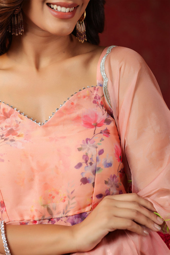 Salmon Pink Organza Floral Sharara Set