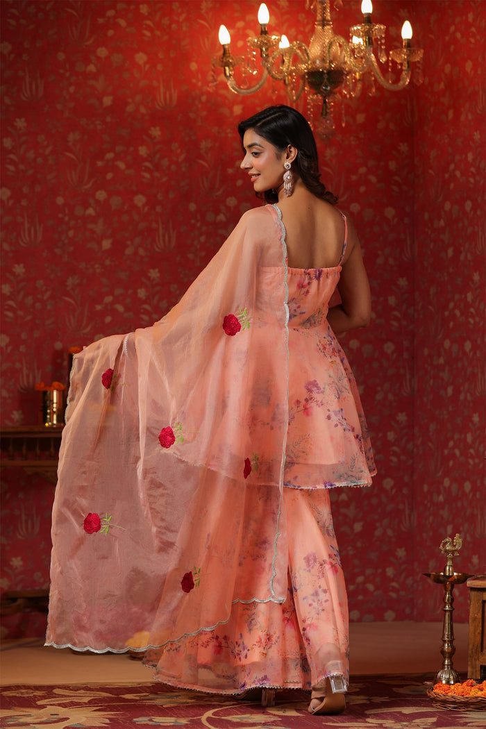 Salmon Pink Organza Floral Sharara Set