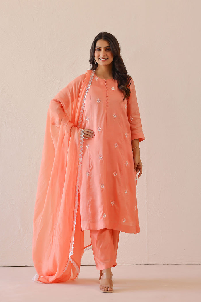 <img> Salmon Pink Russian Silk Embroidered Kurti Set