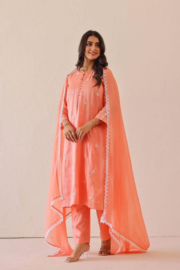 <img> Salmon Pink Russian Silk Embroidered Kurti Set