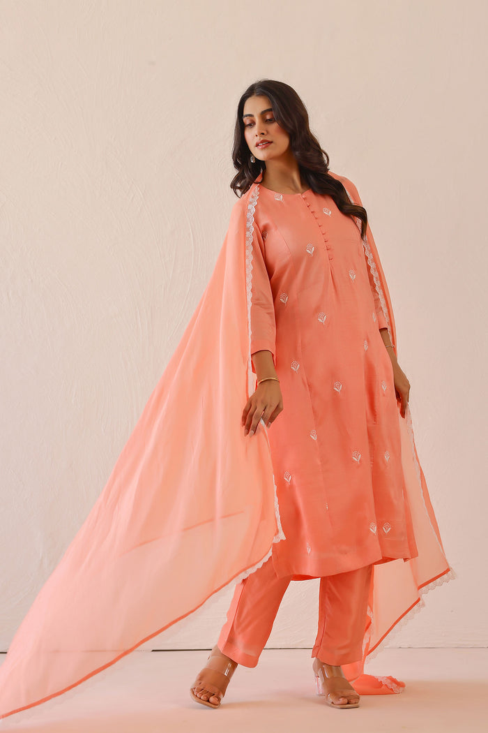 <img> Salmon Pink Russian Silk Embroidered Kurti Set