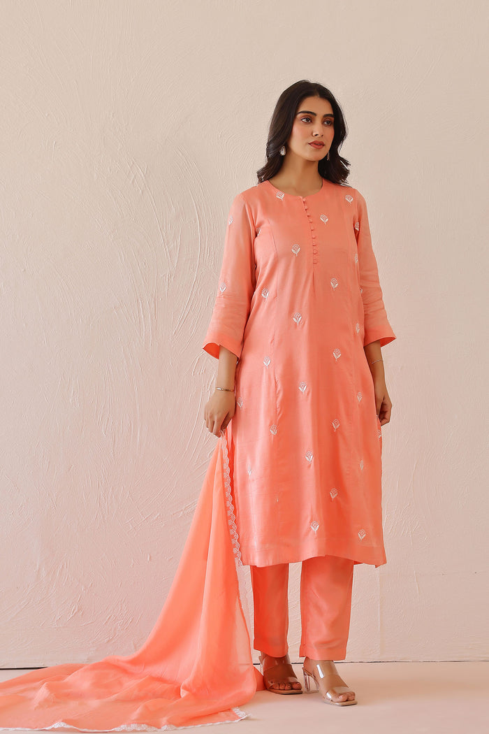 <img> Salmon Pink Russian Silk Embroidered Kurti Set