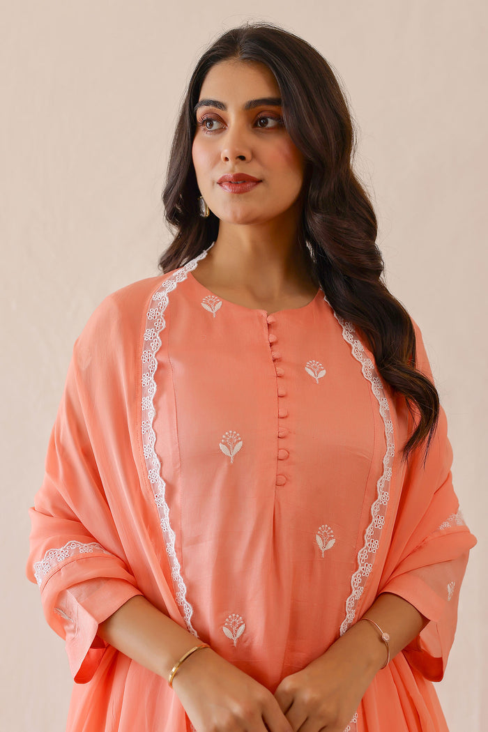 <img> Salmon Pink Russian Silk Embroidered Kurti Set