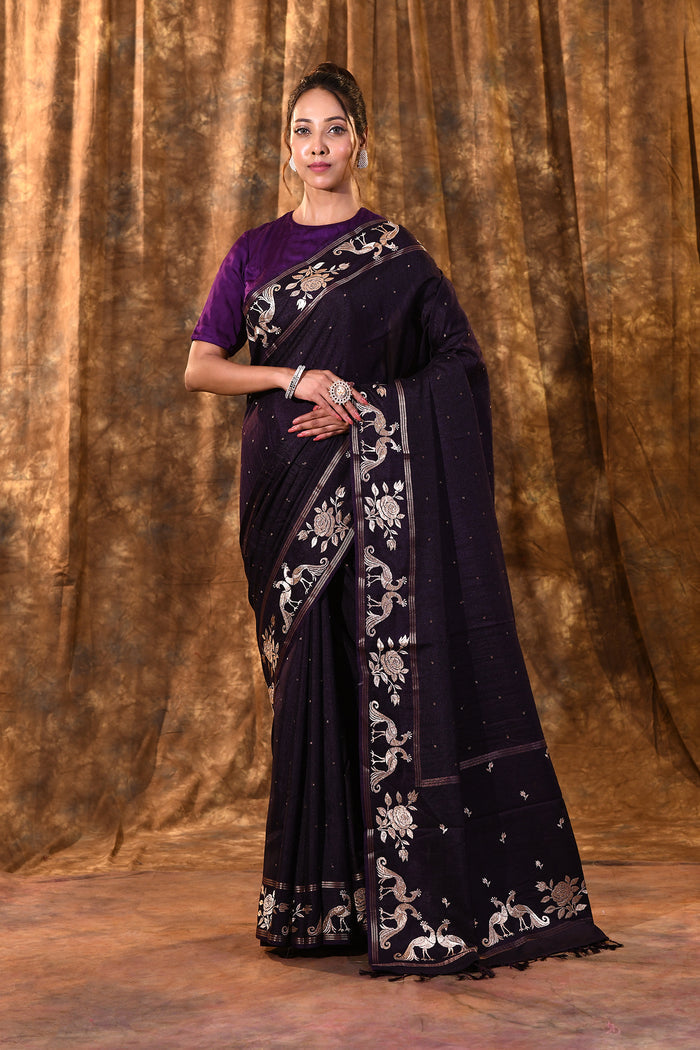 Sangria Purple Tussar Embroidered Saree