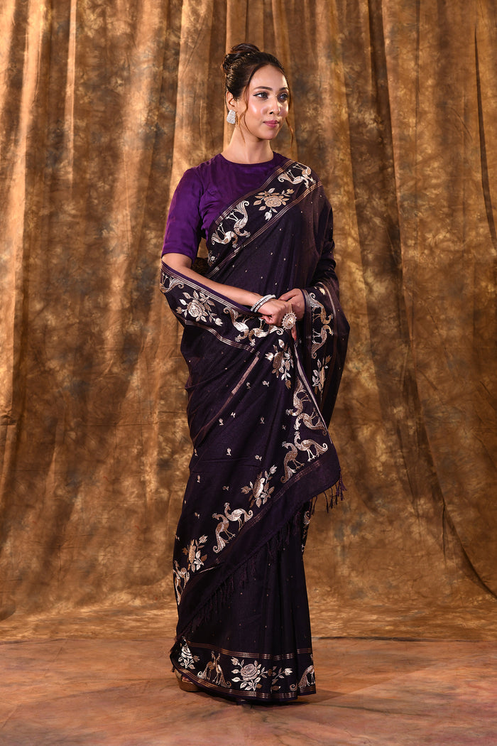 Sangria Purple Tussar Embroidered Saree