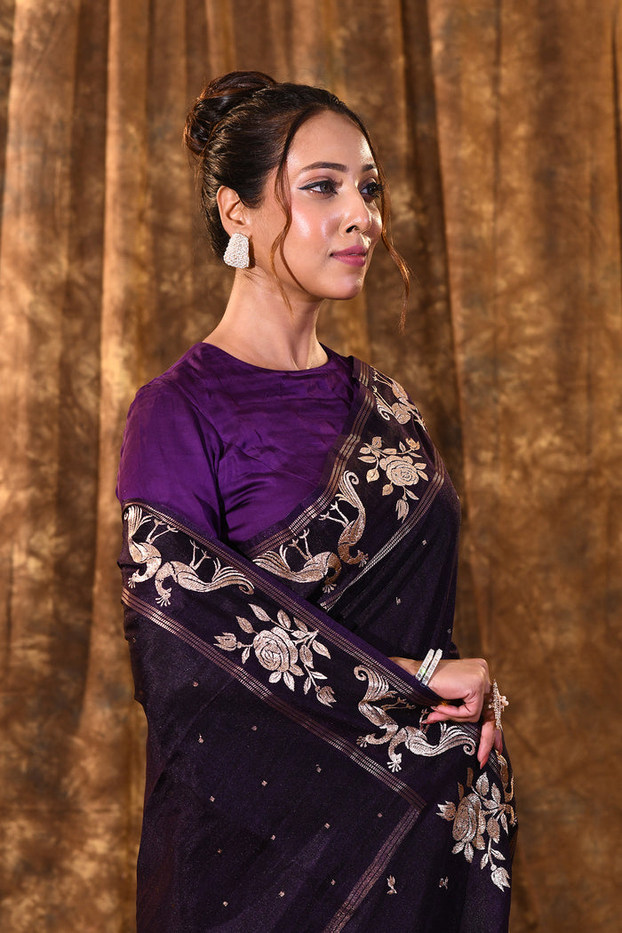 Sangria Purple Tussar Embroidered Saree