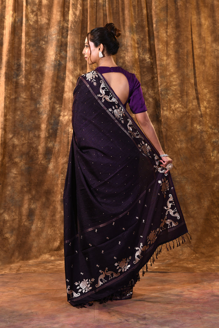 Sangria Purple Tussar Embroidered Saree