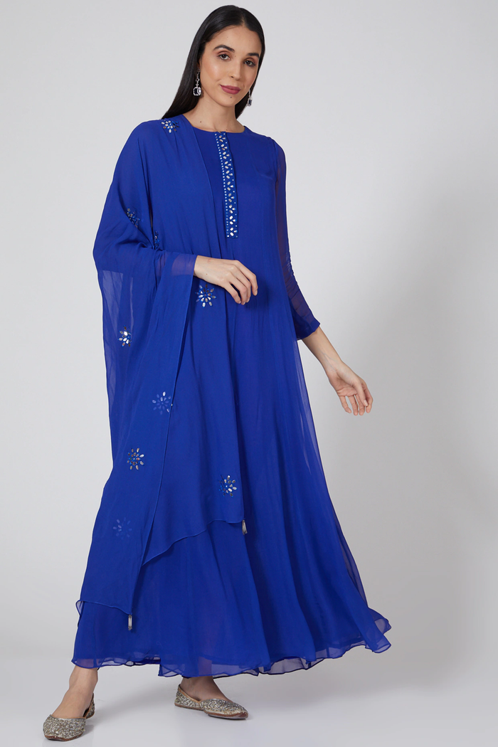 Sapphire Blue Mirror Embellished Cape Anarkali Gown