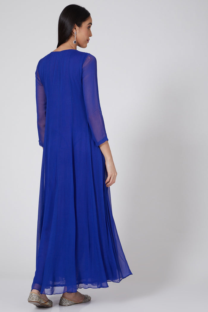 Sapphire Blue Mirror Embellished Cape Anarkali Gown